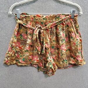 American Eagle Women Shorts Medium Orange Floral Leopard Print Paperbag‎